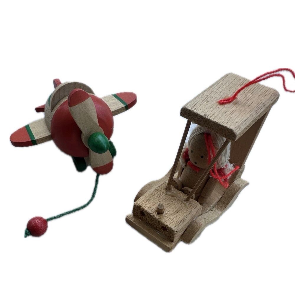 Vintage Handcrafted Wood Car Girl Driver Hallmark Airplane Christmas Ornaments